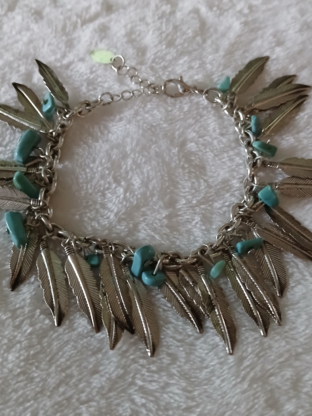 Silver Feather Charm Bracelet with Turquoise Beads - DANGLY & GORGEOUS!